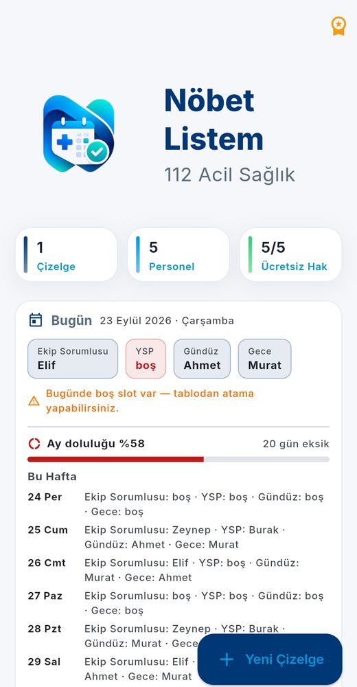 112 nöbet listesi — bugünün nöbetleri ekranı