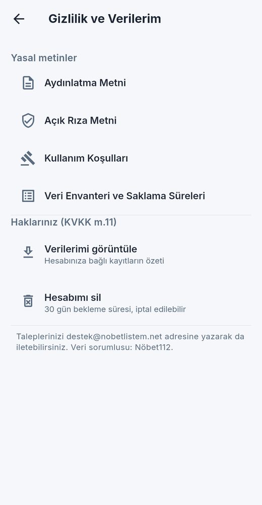 Gizlilik ve verilerim ekranı