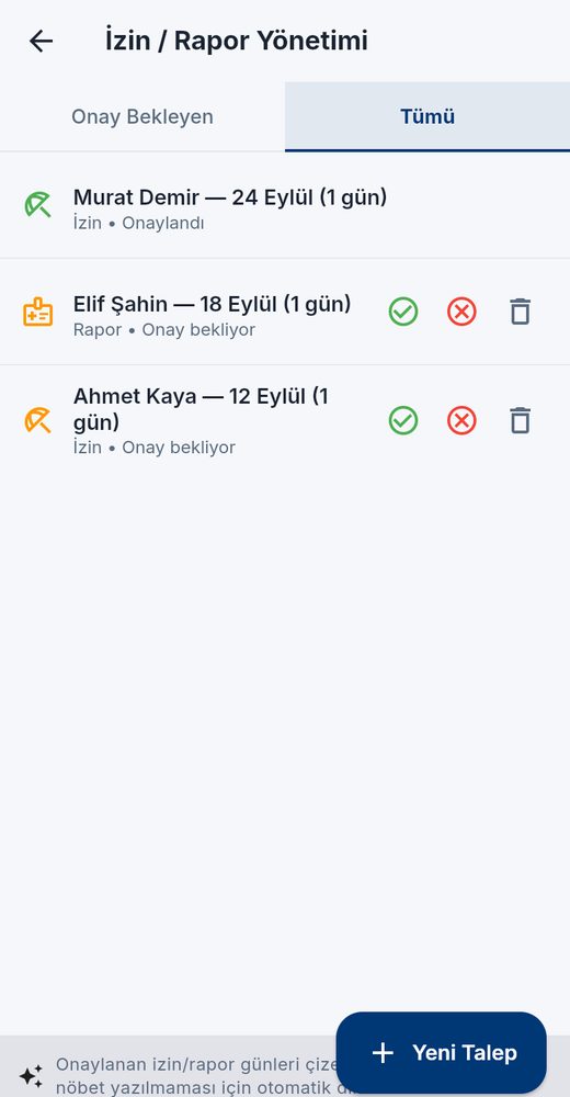 İzin ve rapor onay ekranı